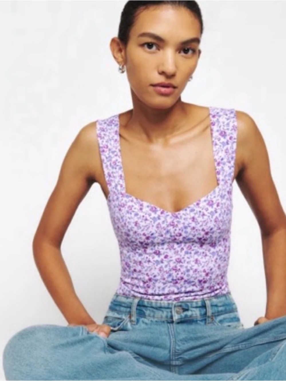 Reformation Floral Purple Sweetheart Neck Tank Top, Size 8